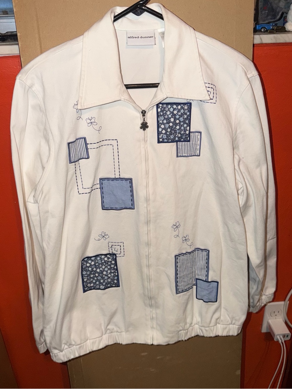 Alfred Dunner White Jacket with Blue Patchwork Accents